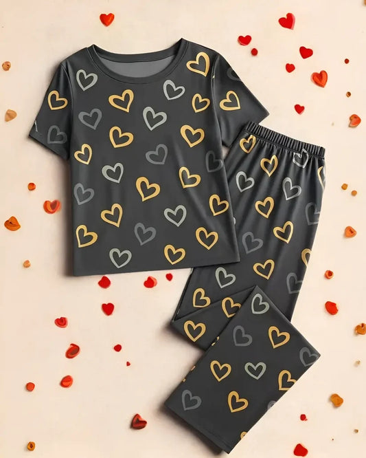 Dark Grey Heart Print Nightwear Set