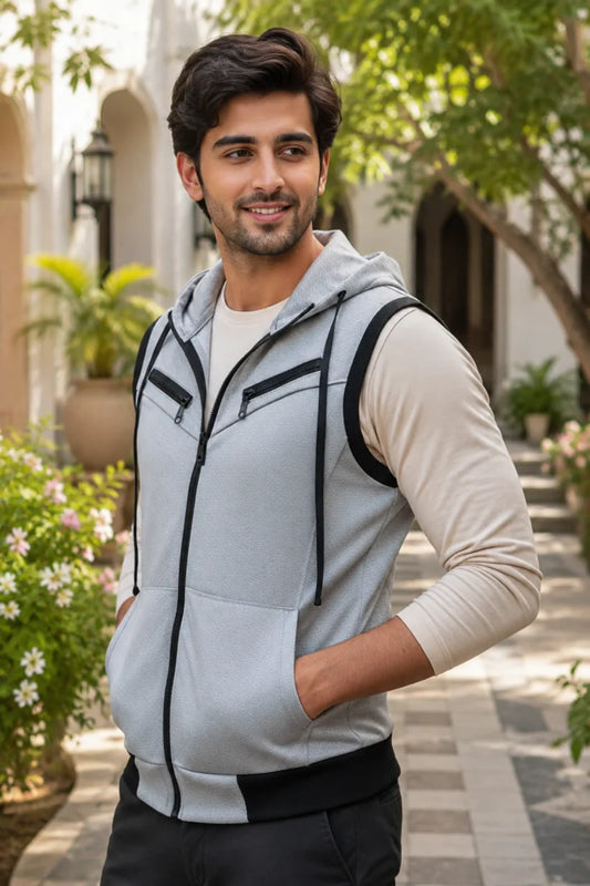 Grey Sleeveless Hooded Zipper hoddie unisex