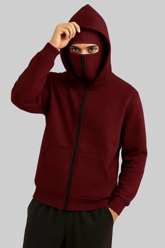 Men Balaclava Ninja Zipper Hoodie – maroon Jacket