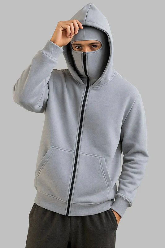Men Balaclava Ninja Zipper Hoodie – grey Jacket (Copy)