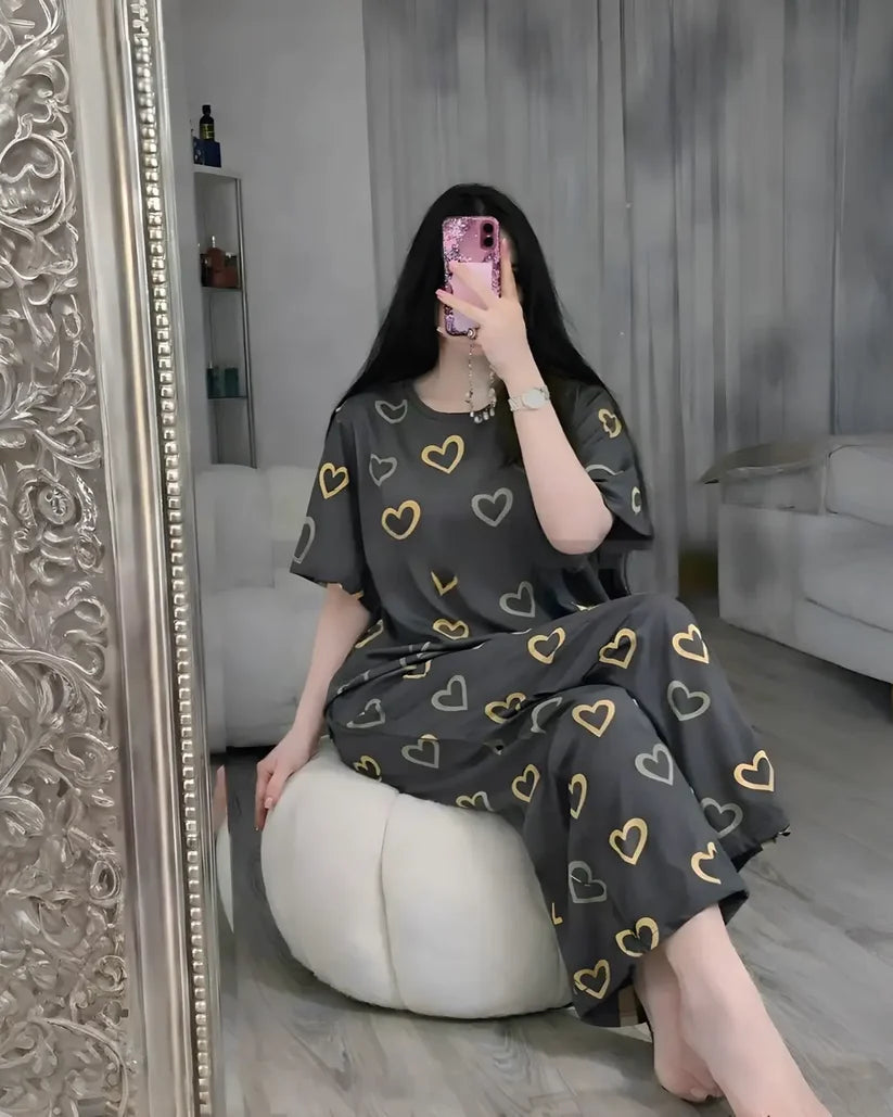 Dark Grey Heart Print  Nightwear Set
