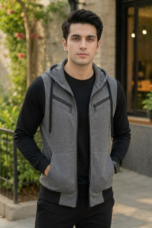 charcol Sleeveless Hooded Zipper hoddie