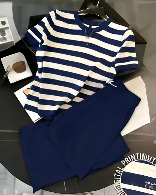 Navy Blue Stripe Women Casual Pajama Set